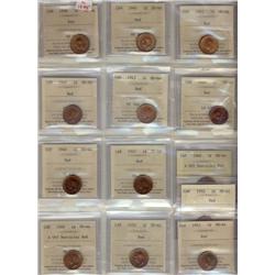Lot of 13 different "George VI" small cents. All ICCS grades MS64 Red. Includes 1938,1940,1941, 1942