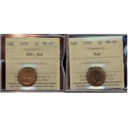 Lot of  two ICCS MS65 Red 1¢. Includes 1952 & 1953 NSF.