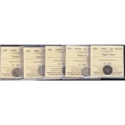 Lot of 5 ICCS graded Five cents; 1858 SD, 1874H Plain, 1882H, 1886 Sm.6, 1886 Lg.6.  All VF20