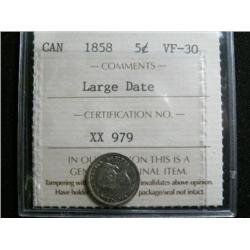 1858 Large date 5¢ ICCS VF30. Mostly brilliant with some lustre remaining.
