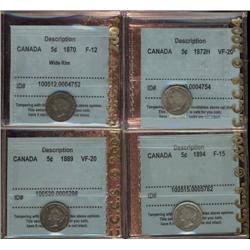 Lot of 4 Five cents, all CCCS graded, includes 1870 Wd 0 F12, 1872H VF20, 1889 VF20 & 1894 F15.