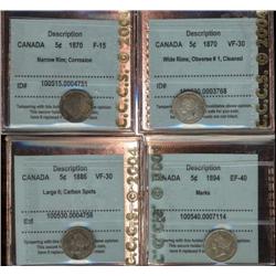Lot of 4 four Five cents, all CCCS graded with comments, 1870 Nar 0 F15 corrosion, 1870 Wd 0 VF30 Cl