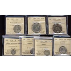 Lot of 7 ICCS graded coins. 5 Cents; 1870 RB VF20 corrosion, 10 Cents; 1902 VF30 cleaned, 1907 EF40 