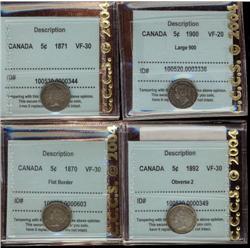 Lot of 4 CCCS graded Five cents; 1870 FB VF30, 1871 VF30, 1892 Obv.2 VF30, 1900 Round O VF20. All to