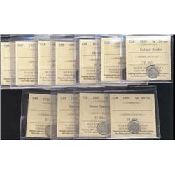 Lot of 12 ICCS graded Five cents; 1870RB, 1890H, 1891 Obv.5, 1892 Obv 2, 1893, 1899, 1902, 1903 SH, 