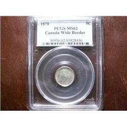 1870 5¢ PCGS MS62.  An attractive Minstate Wide border variety.  Lots of lustre and white in colour.