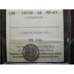 1872H 5¢ ICCS MS63PQ.  A blast white example with frostlike finish.