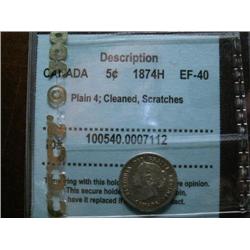 1874H Plain 5¢ CCCS EF40, nice lustrous example with scratch
