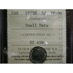 1875H Small date 5¢ ICCS VF30. Mostly brilliant, nice key date.