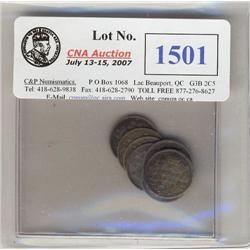 Lot of 7 different "Victorian" Five cents silver. Includes 1880H,1882H,1883H,1886 Lg.6,1886 Sm.6,188