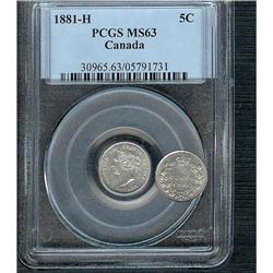 1881H  5¢  PCGS MS63.  Fully struck with full white luster.