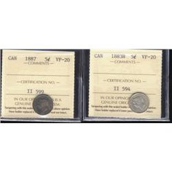 Lot of 2 ICCS graded Five cents; 1883H,1887.  Both VF20