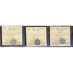 Lot of 3 ICCS graded Five cents; 1884 Far 4, 1894, 1898.  All three pieces F15