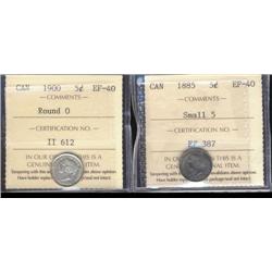 Lot of 2 ICCS graded Five cents; 1885 Sm5, 1900 Round O.  Both EF40