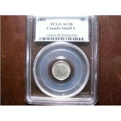 1885 5 OVER 5 variety 5¢ PCGS AU58.  A well struck lustrous issue. Excessively scarce in this grade.