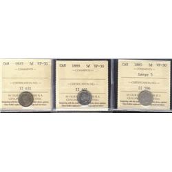 Lot of 3 ICCS graded Five cents; 1885 Large 5, 1889, 1915.  All VF30.