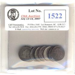 Lot of 15  "Victorian" Five cents silver. Includes 1888 (2), 1891 (6), 1893 (1),1896, 1899 (5). Aver