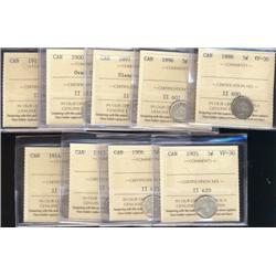 Lot of 10 ICCS graded Five cents; 1888, 1896, 1897 Slender 8, 1900 Oval, 1901, 1905, 1906, 1913, 191