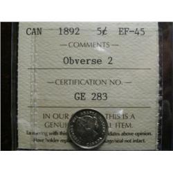1892 Obv.2  5¢ ICCS EF45, brilliant with a touch of russet tone.