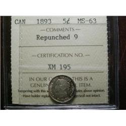 1893 "Repunched 9" 5¢ ICCS MS63PQ+.  Superb toning over full underlying lustre. A nice looking coin.