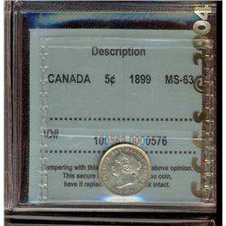 1899 5¢ CCCS MS63.  Brilliant with touch of gold.