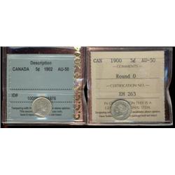 Lot of 2 graded Five cents; 1900 Round O ICCS AU50, 1902 CCCS AU50.  Both brilliant.