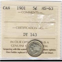 1901 5¢ ICCS MS63.  Full blast white!