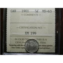 1901 5¢.  A great mintstate example certified ICCS MS63.  White example with full lustre.