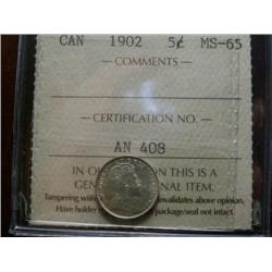 1902 5¢ ICCS MS65, a superb quality example with full lustre and white in colour.