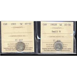 Lot of 2 ICCS graded Five cents; 1902 Small H, 1903.  Both AU50