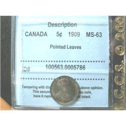 1909 Pointed Leaves 5¢  CCCS MS63.  Medium toning.  Scarce variety!