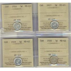 1914-1920 5¢, Lot of 4 coins all ICCS, includes 1914, 1917 MS63 and 1919, 1920 MS62,
