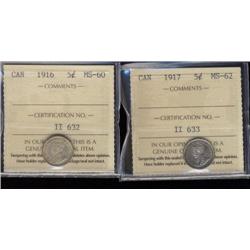 Lot of 2 ICCS graded Five cents; 1916 MS60, 1917 MS62.  Two lightly toned coins.
