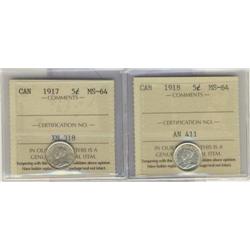 1917 & 1918 5¢ both ICCS MS64, Lot of two blast white examples with full lustre.