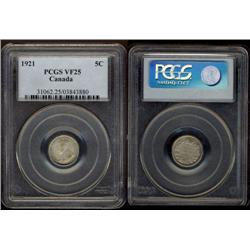 1921 5¢ PCGS VF25.  A great rarity in Canadian numismatic, this a nice clean example with strong dat