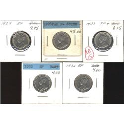 Lot of 5 Five Cents; 1922, 1926 Far 6,1929 ,1932 (2). All coins VF20 or better.