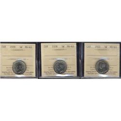 Lot of 3 ICCS graded Five cents; 1922, 1938, 1939.  All MS63 with nice lustre.