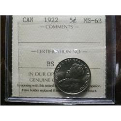 1922 5¢ ICCS MS63.  A strong example with great fields.