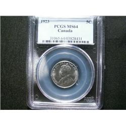 1923  5¢  PCGS MS64. Well struck with clean fields and lovely surfaces.  Scarce in this grade.