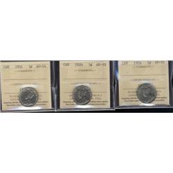 Lot of 3 ICCS graded Five cents; 1924, 1929, 1931. All AU55 with nice lustre.