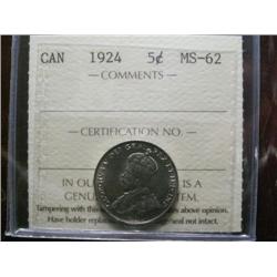 1924 5¢ ICCS MS62.  Another nice example with lustrous fields.