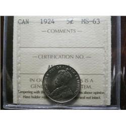 1924 5¢  ICCS MS63. Well struck with clean fields and lovely surfaces.  Scarce in this grade.