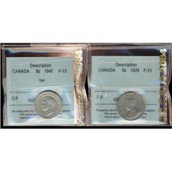 Lot of 2 graded Five cents; 1925 ICCS, 1947 Dot CCCS.  Both F15.