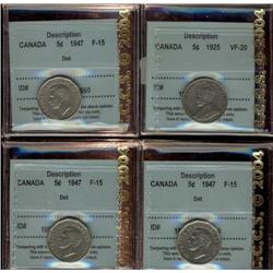 Lot of 4 CCCS graded Five cents; 1925 VF20, 1947 Dot F15 (3).