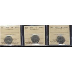 Lot of 3 ICCS graded Five cents; 1925 F12, 1934 EF40, 1935 EF45.