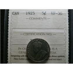 1925 5¢ ICCS VF30, problem free.