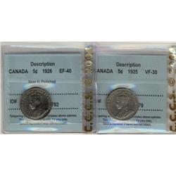1925 VF30,1926 Near 6 EF40  5¢ both CCCS graded!
