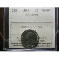 1929 5¢ ICCS MS64.  A strong strike example with full beads. Scarce!