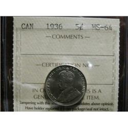 1936 5¢ ICCS MS64.  A strong strike example with full beads. Scarce date!