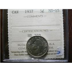 1937 Dot  5¢  ICCS MS65.  Fully struck with great luster.  A true "Gem"